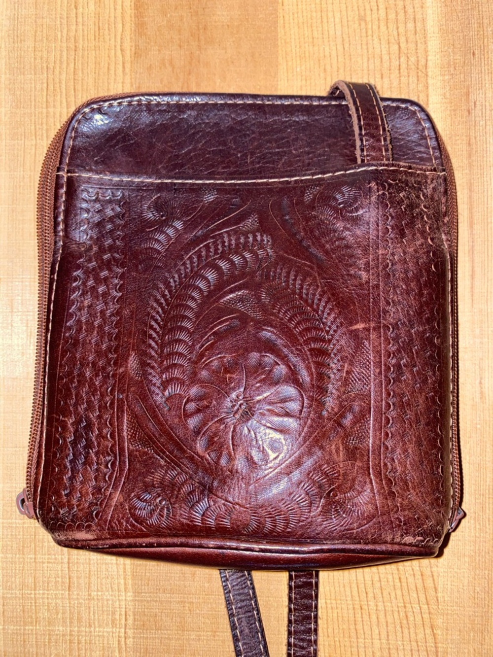 Hand tooled leather purse with floral design